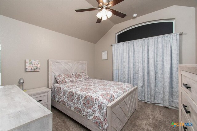 503 Willow Dr, Troy, TX 76579 - bedroom with dark carpet, vaulted ceiling, and a ceiling fan