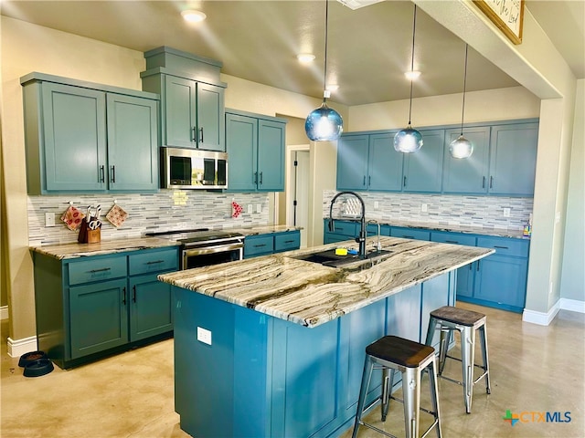 kitchen with backsplash, an island with sink, pendant lighting, and appliances with stainless steel finishes