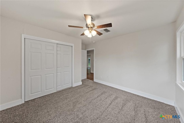 3126 Glenwood Dr, Temple, TX 76502 - unfurnished bedroom featuring a closet, baseboards, a ceiling fan, carpet floors, and visible vents
