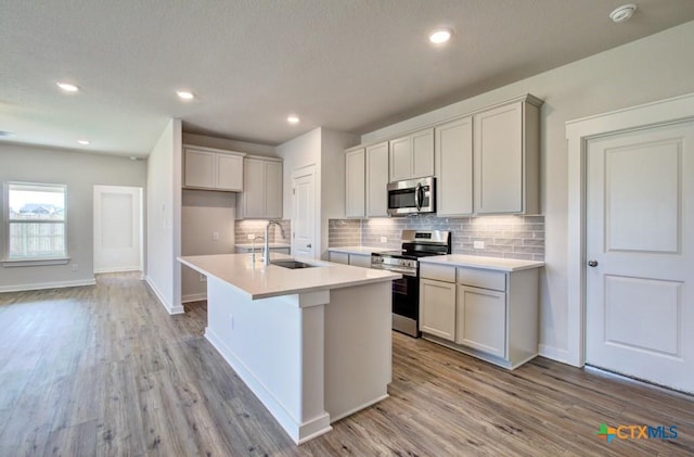 911 Cloud Sky Rd, New Braunfels, TX 78130 - kitchen featuring appliances with stainless steel finishes, tasteful backsplash, light countertops, light wood-style flooring, and recessed lighting
