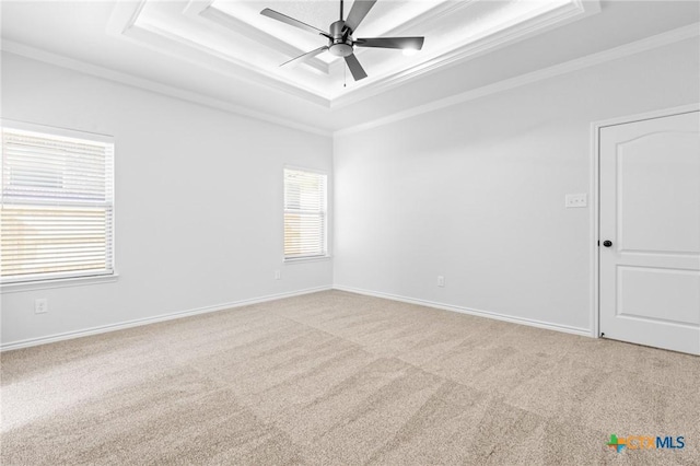 spare room with ceiling fan, light colored carpet, ornamental molding, and a tray ceiling