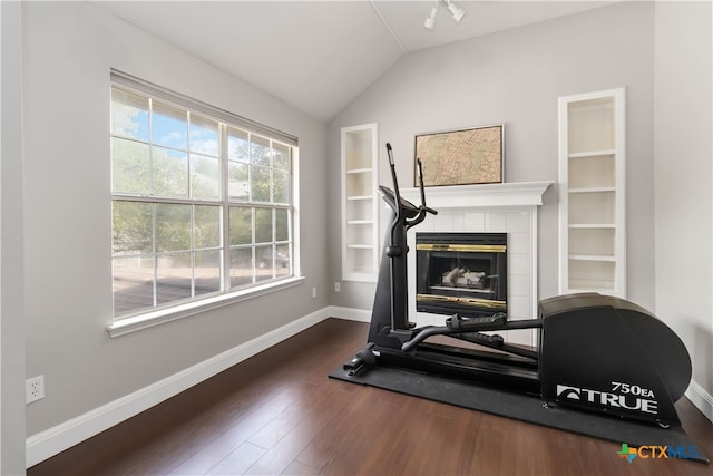 3836 Newland Ct, Round Rock, TX 78681 - workout area with wood finished floors, baseboards, vaulted ceiling, and a tile fireplace