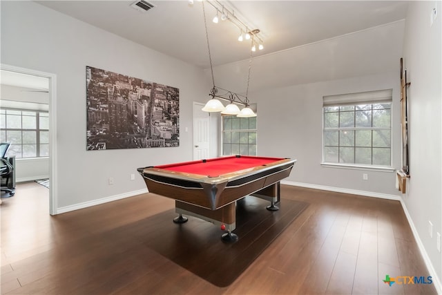 3836 Newland Ct, Round Rock, TX 78681 - rec room featuring wood finished floors, billiards table, baseboards, and lofted ceiling