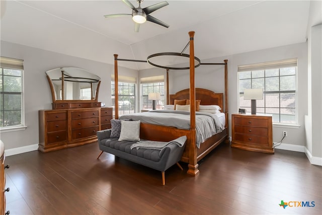3836 Newland Ct, Round Rock, TX 78681 - bedroom featuring multiple windows, baseboards, dark wood-style floors, vaulted ceiling, and ceiling fan