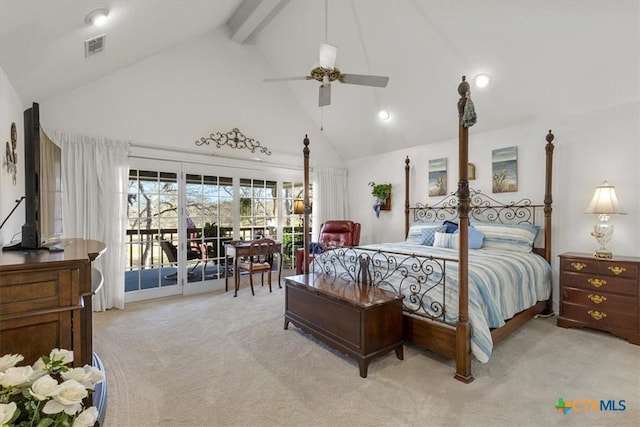 2113 Highland Dr, Salado, TX 76571 - bedroom with high vaulted ceiling, light carpet, access to outside, beamed ceiling, and a ceiling fan