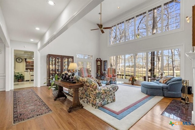 2113 Highland Dr, Salado, TX 76571 - living area with a high ceiling, ceiling fan, wood finished floors, and recessed lighting