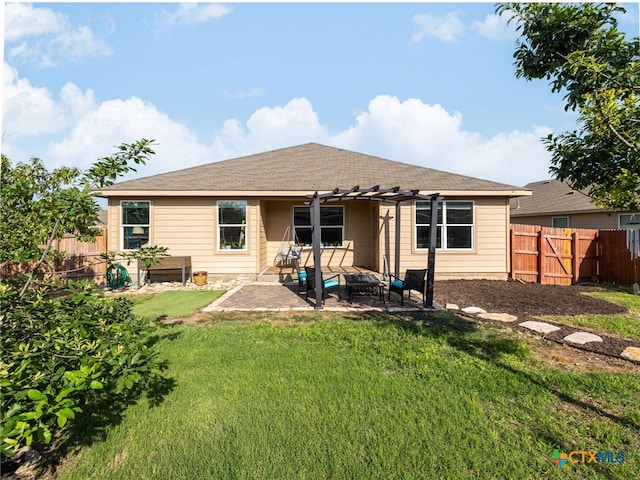 900 Hatton Hill Ln, Austin, TX 78725 - rear view of house featuring a patio area, a fenced backyard, a shingled roof, and an outdoor hangout area
