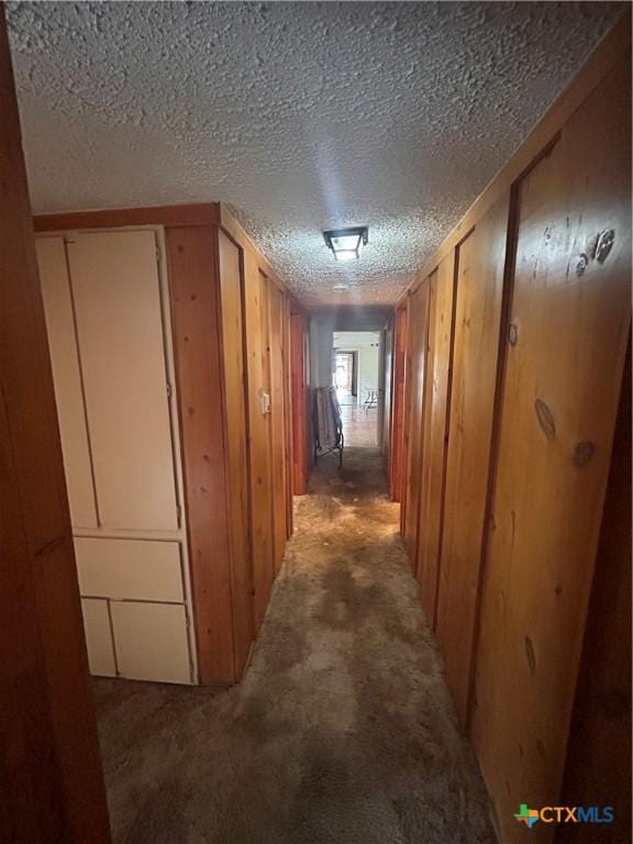 519 Baines St, Salado, TX 76571 - hall featuring a textured ceiling, carpet floors, and wood walls