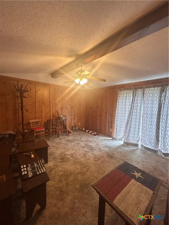 519 Baines St, Salado, TX 76571 - unfurnished living room featuring a textured ceiling, wooden walls, ceiling fan, and carpet
