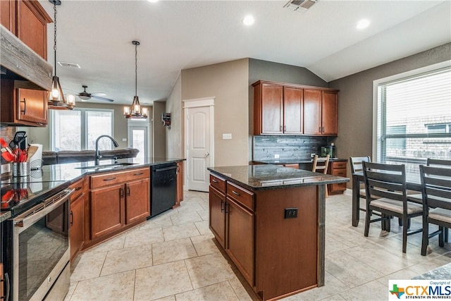1620 Sun Ledge Way, New Braunfels, TX 78130 - kitchen with black dishwasher, stainless steel range with electric cooktop, decorative backsplash, a chandelier, and recessed lighting