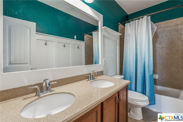 full bathroom with toilet, vanity, shower / bath combination with curtain, and tile patterned flooring