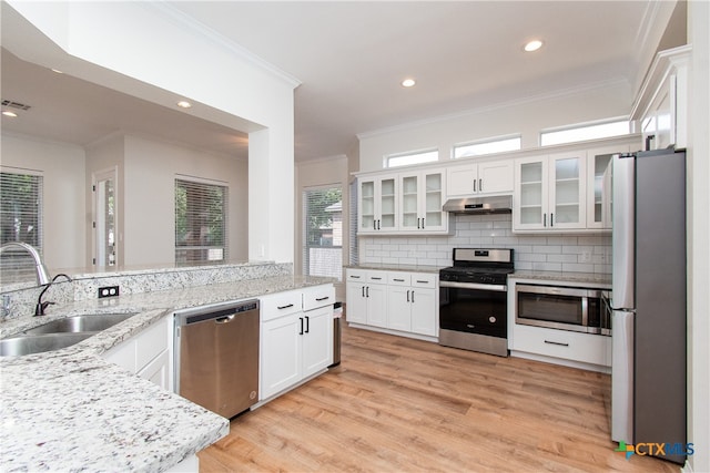 kitchen featuring tasteful backsplash, appliances with stainless steel finishes, ornamental molding, white cabinets, and sink