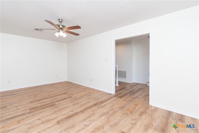 empty room with ceiling fan and light hardwood / wood-style floors