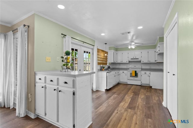 313 Pheasant Dr, Victoria, TX 77905 - kitchen with white appliances, crown molding, under cabinet range hood, dark wood-style floors, and white cabinetry