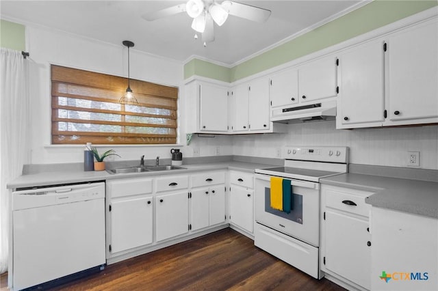 313 Pheasant Dr, Victoria, TX 77905 - kitchen with white appliances, under cabinet range hood, a sink, a ceiling fan, and white cabinets