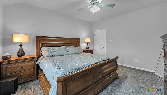 bedroom featuring ceiling fan, lofted ceiling, and dark colored carpet