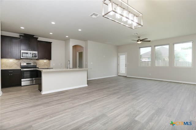 kitchen featuring backsplash, a center island with sink, hanging light fixtures, light hardwood / wood-style flooring, and appliances with stainless steel finishes