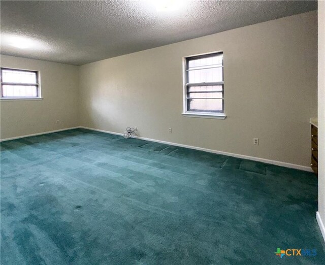 unfurnished room with carpet and a textured ceiling