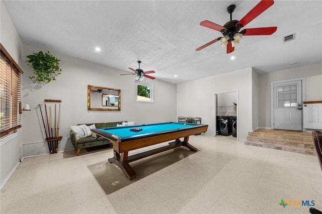 2105 S 49th St, Temple, TX 76504 - game room with independent washer and dryer, tile patterned floors, billiards table, a ceiling fan, and recessed lighting