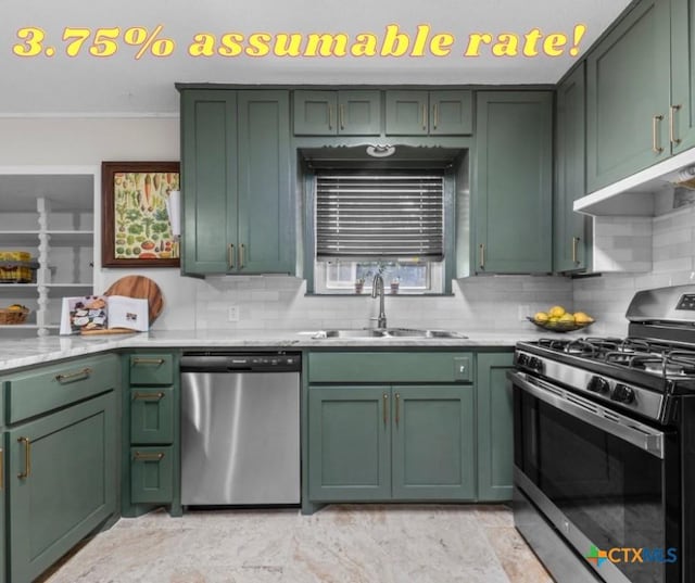 2105 S 49th St, Temple, TX 76504 - kitchen featuring green cabinets, appliances with stainless steel finishes, under cabinet range hood, a sink, and light countertops
