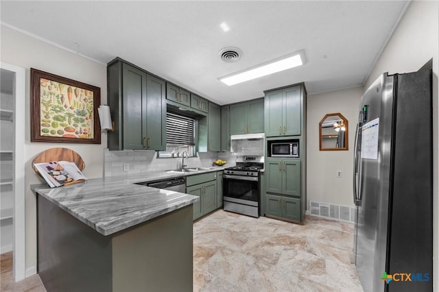 2105 S 49th St, Temple, TX 76504 - kitchen with stainless steel appliances, green cabinets, a peninsula, a sink, and tasteful backsplash