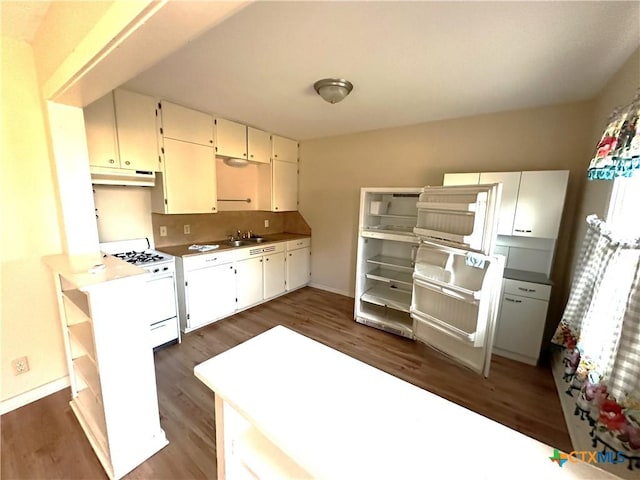 3703 Billy Dr, Victoria, TX 77901 - kitchen featuring white range with gas stovetop, under cabinet range hood, dark wood finished floors, a sink, and open shelves