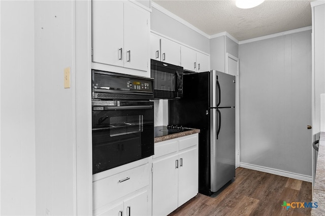 kitchen with white cabinetry, black appliances, ornamental molding, a textured ceiling, and dark hardwood / wood-style flooring