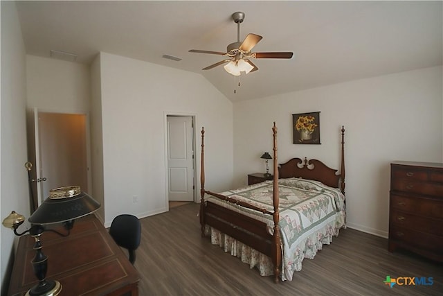 6108 Worthing Dr, Temple, TX 76502 - bedroom with wood finished floors, vaulted ceiling, baseboards, and a ceiling fan