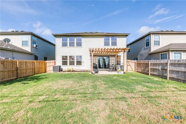 back of house featuring central AC unit, a pergola, cooling unit, a patio area, and a yard