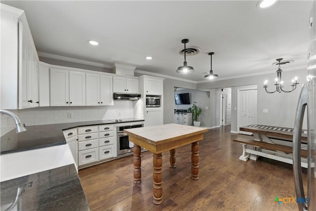 kitchen featuring crown molding, appliances with stainless steel finishes, tasteful backsplash, under cabinet range hood, and dark wood-type flooring