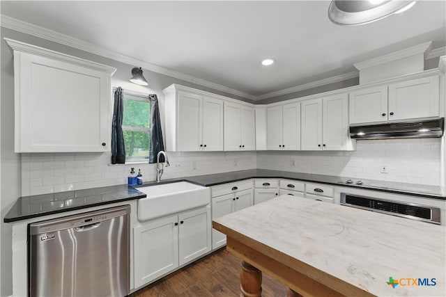 kitchen featuring oven, dark wood-type flooring, under cabinet range hood, a sink, and dishwasher