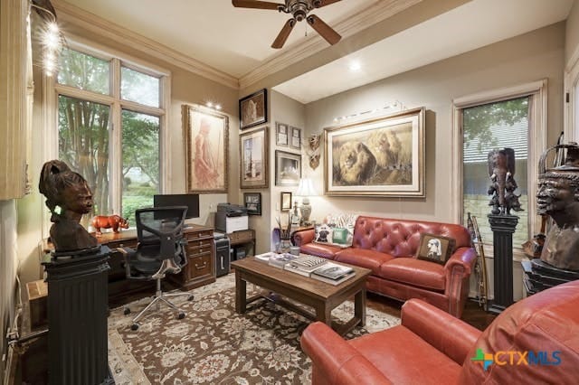 living area with ceiling fan, a healthy amount of sunlight, and crown molding