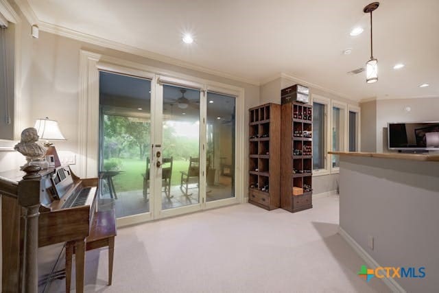 interior space with carpet flooring and ornamental molding