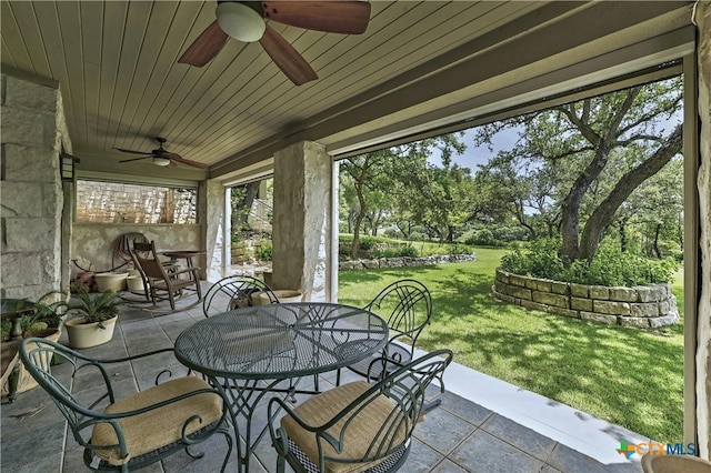 sunroom featuring wooden ceiling and ceiling fan