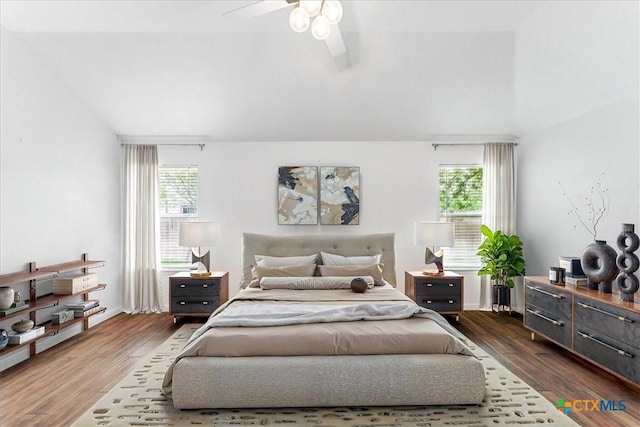 bedroom featuring multiple windows, wood finished floors, ceiling fan, and vaulted ceiling