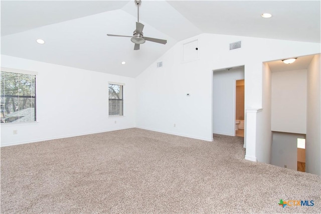 carpeted empty room with recessed lighting, a ceiling fan, visible vents, and baseboards