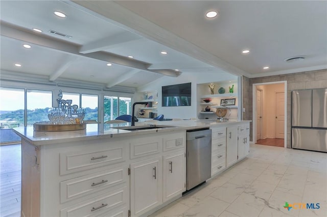522 Woodland Point Rd, Belton, TX 76513 - kitchen featuring vaulted ceiling with beams, recessed lighting, white cabinetry, light stone counters, and appliances with stainless steel finishes