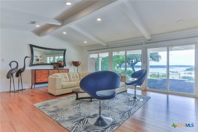 522 Woodland Point Rd, Belton, TX 76513 - living room with vaulted ceiling with beams, baseboards, visible vents, and light wood-style flooring