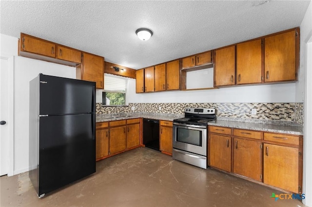 kitchen with a textured ceiling, sink, decorative backsplash, and black appliances