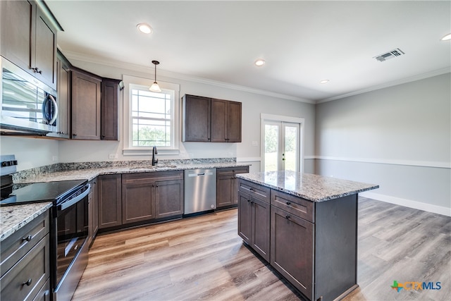 kitchen with hanging light fixtures, a healthy amount of sunlight, light hardwood / wood-style flooring, and appliances with stainless steel finishes