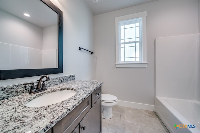 full bathroom with shower / washtub combination, vanity, tile patterned floors, and toilet