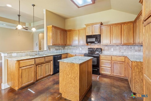 703 Cosper Creek Dr, Killeen, TX 76542 - kitchen featuring black appliances, backsplash, a peninsula, light stone countertops, and lofted ceiling