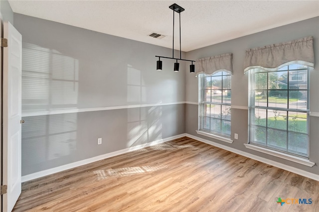 unfurnished dining area featuring wood-type flooring and a textured ceiling