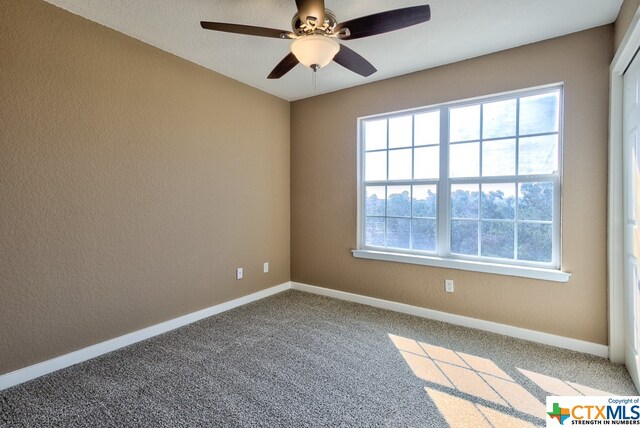 unfurnished room featuring ceiling fan and carpet