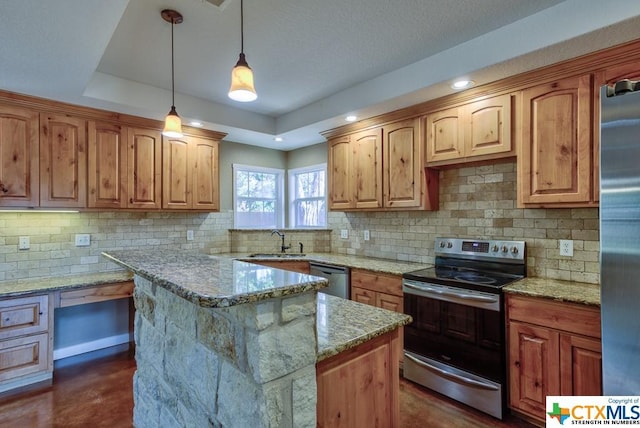 3037 Rustler, Canyon Lake, TX 78133 - kitchen with appliances with stainless steel finishes, decorative backsplash, light stone counters, decorative light fixtures, and recessed lighting