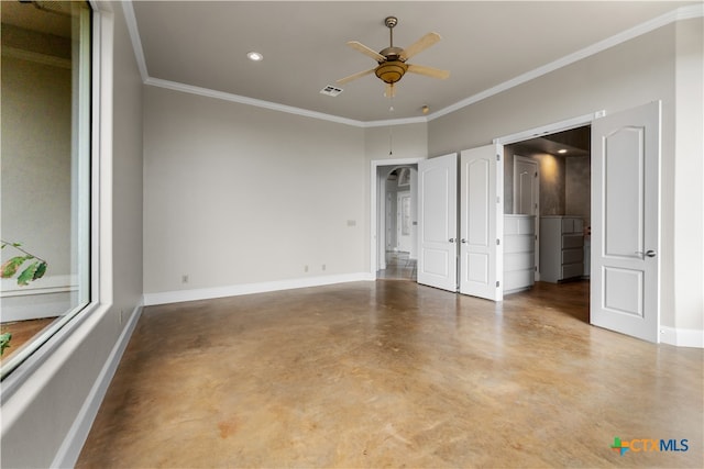 unfurnished bedroom featuring concrete flooring, ceiling fan, and ornamental molding