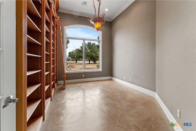 6529 Mountain View Dr, Killeen, TX 76549 - spare room with finished concrete floors, baseboards, crown molding, and a chandelier