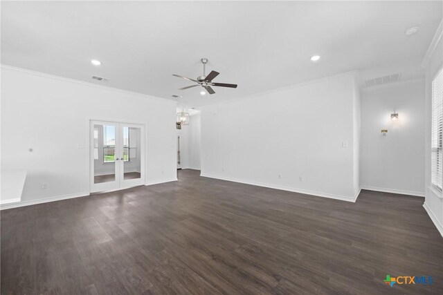 7912 Emery Oaks Dr, Temple, TX 76502 - unfurnished living room with ornamental molding, visible vents, dark wood-style floors, a ceiling fan, and baseboards