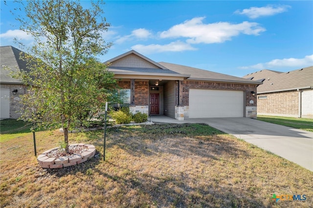 1444 Rolling Brook Dr, Temple, TX 76502 - view of front of house featuring a garage, brick siding, concrete driveway, a front lawn, and a porch