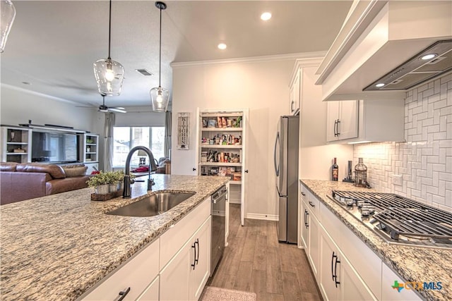 kitchen featuring sink, stainless steel appliances, light stone counters, white cabinets, and custom exhaust hood